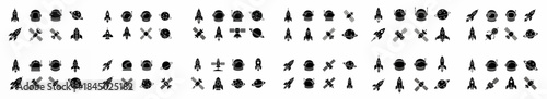 Black silhouette icon set of space exploration elements, featuring various designs of rockets, astronaut helmets, satellites, and planets in a repeating pattern.