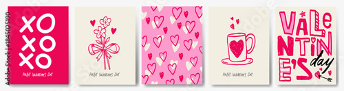 Valentine’s Day hand-drawn poster set with hearts, flowers, cozy mug and romantic lettering. Cute doodle illustrations in pink tones, perfect for greeting cards, prints, social media.