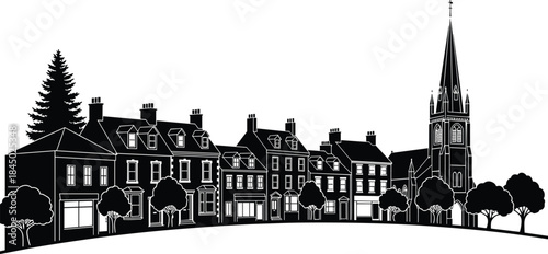 Townscape village silhouette illustration with houses and church spire, European street skyline, historic architecture, black white vector, urban, city, landscape