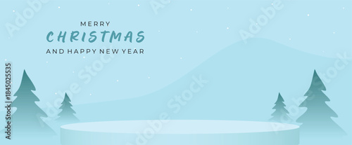 Podium shape for show cosmetic product display for christmas day or new years. Merry Christmas And Happy New Year Scenic Display In Blue Winter Landscape With Trees