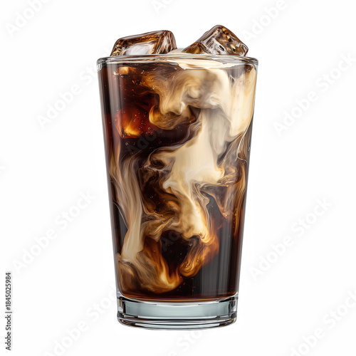 Tall glass of dark iced coffee with cream swirl and ice cubes isolated on transparent background.
Category: Food