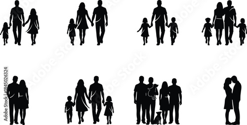 Silhouette family walking, parents with children, couple embracing, dog companion, diverse poses, black figures, unity, love, togetherness, bonding, parenting, relationships, lifestyle
