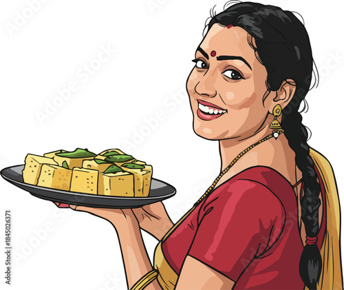Indian woman with snacks in plate vector illustration