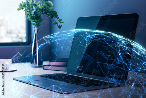 Digital world network concept with glowing global web connections around laptop on modern office desk background. 3D Rendering