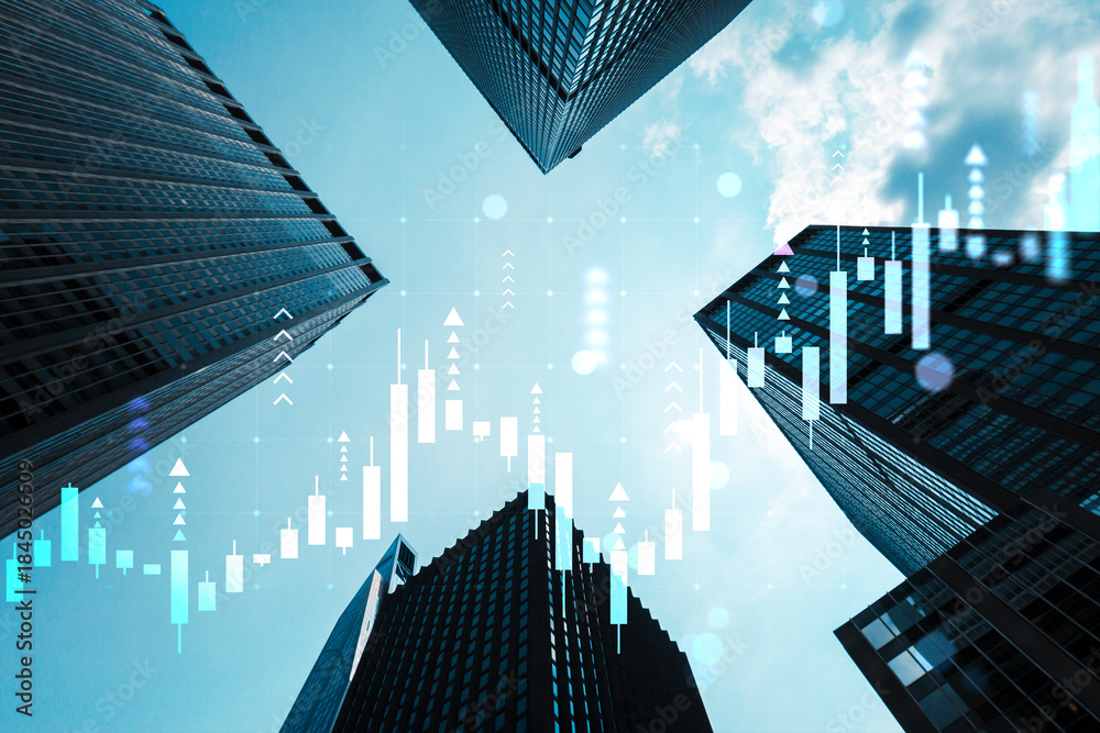 Naklejka premium Skyscrapers with financial stock market candlestick graph overlay symbolizing investment growth and urban economy on a bright sky background.