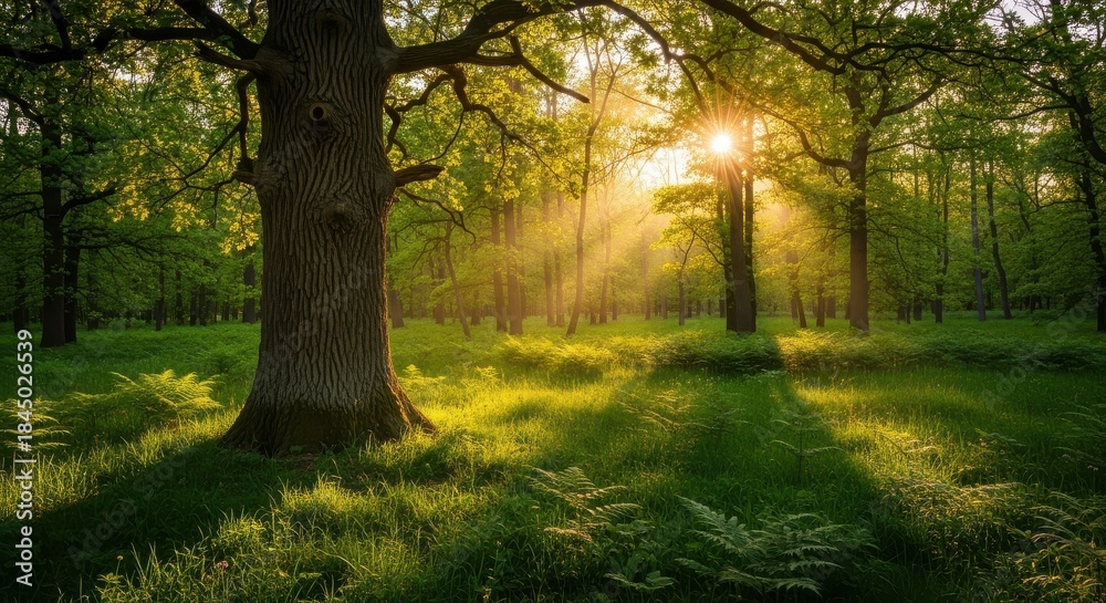 Obraz premium Sunlit ancient oak forest with green ferns and grass