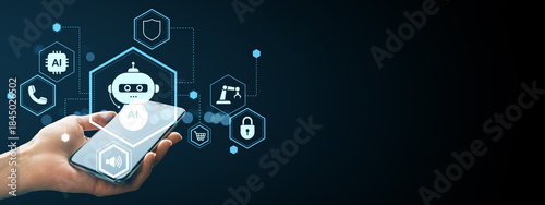 Smart hand holding mobile phone with AI chatbot interface icons representing artificial intelligence technology and digital assistant concept.
