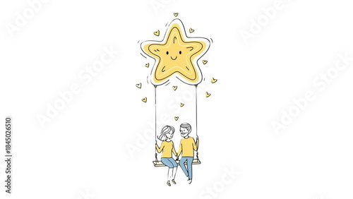Dreaming Under Starlight: A charming illustration depicts a couple, sitting on a swing under a smiling star. Symbolizing joy, peace, and the beauty of shared moments.