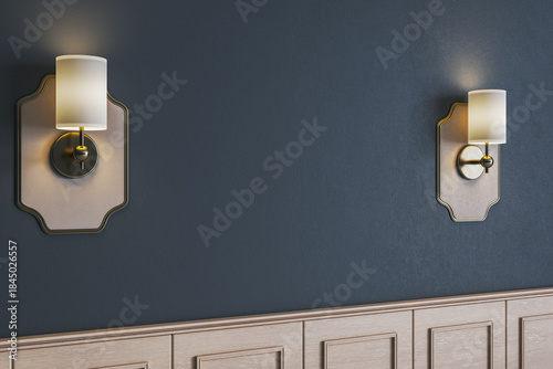 Fotografija Modern wall with elegant sconces and blank space for design or logo in stylish interior room setting with wooden paneling and clean background
