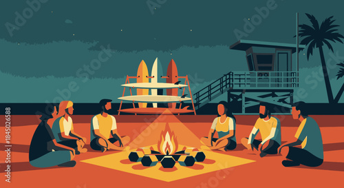 Diverse group of friends sitting around a bonfire on a beach at night with surfboards and lifeguard tower