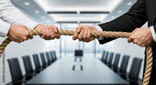 Businessmen Tug-of-War in Modern Conference Room