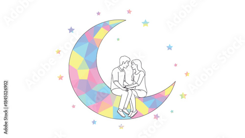 Celestial Embrace: A loving couple shares a moment of intimacy as they sit together on a whimsical, colorful crescent moon, surrounded by radiant stars, evoking feelings of romance and tranquility.