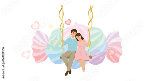 Sweethearts' Swing: A tender couple enjoys a romantic moment together on a swing amidst a whimsical backdrop of giant, colorful candies and floating hearts.