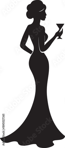 A graceful silhouette of an elegant woman in an evening gown holding a cocktail glass