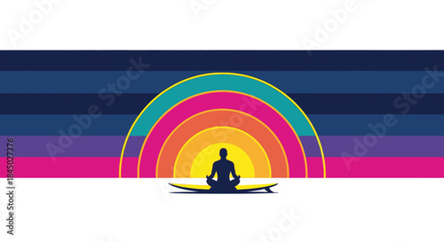 Serene surfer meditating in lotus pose on a board, silhouetted by a vibrant, colorful sunset. Yoga, peace, and mindfulness.