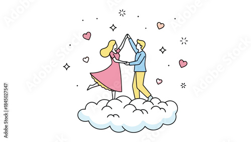 Dancing Couple on Cloud: A romantic couple gracefully dances atop a cloud, surrounded by hearts and stars, symbolizing love and togetherness.