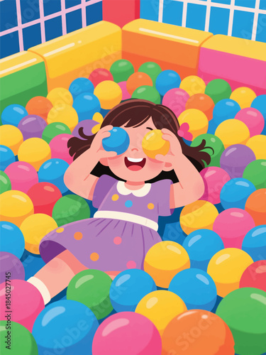 Smiling child playing in a colorful indoor ball pit, holding two balls like glasses. A joyful moment of imagination and fun.