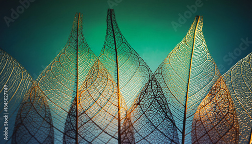 Abstract Transparent Leaf Skeleton Texture with Overlapping Veins in Blue and Green Gradient, Botanical Macro Background with Soft Light and Organic Pattern