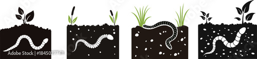 Agriculture and Sustainable Soil Silhouette. A visual representation of soil layers featuring worms and plants, illustrating the ecosystem beneath the ground.