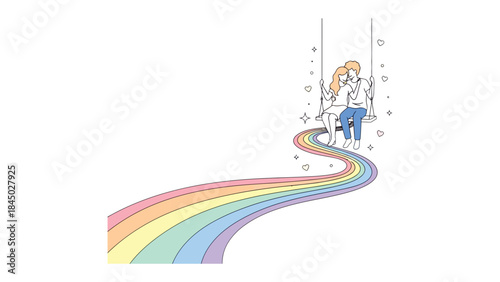 Dreamy Rainbow Swing: A couple shares a tender moment on a swing, gently gliding along a vibrant rainbow path, evoking a sense of joy and the beauty of togetherness.