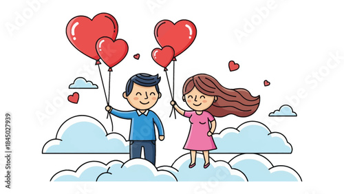 Love's Ascent: A charming illustration depicts a couple ascending through a whimsical sky adorned with heart-shaped balloons, symbolizing the boundless heights of love and affection. 