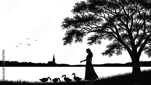Silhouette of woman by lake, feeding birds, tree, church steeple, tranquil nature scene, black vector, peaceful moment, minimal background
