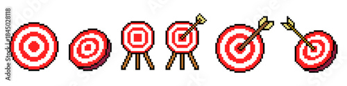 Set pixel bullseye target icon vector for shooting games or goals. Symbolizes aim, accuracy, and 8-bit success metrics.