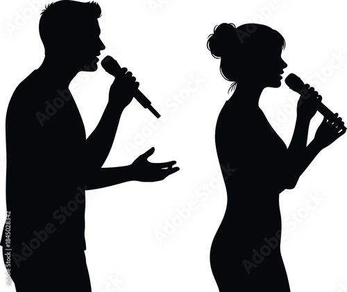 Singer duet silhouette featuring male and female vocalists, microphone performance, live music concert concept, black and white illustration