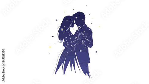 Love's Celestial Dance: A silhouette of a couple embraces in a tender dance under a starry night sky, radiating romance and intimacy.