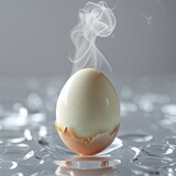Steaming egg with cracked shell on wet surface