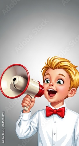 Young boy shouting excitedly through a megaphone