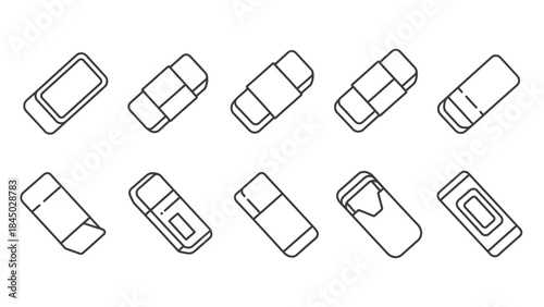 Collection of ten black outline icons of rubber erasers in various styles