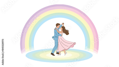 Everlasting Dance of Love: Embracing under a vibrant rainbow, a couple sways gently, their dance a celebration of eternal affection and promise.