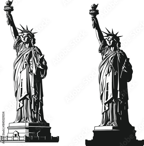 Statue of Liberty illustration comparison with detailed sketch and bold silhouette styles, American freedom monument vector artwork