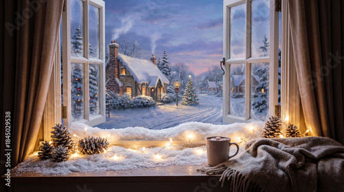 Cozy christmas winter window view with snowy village scene illuminated cottage decorated tree hot cocoa and warm fairy lights creating magical holiday hygge atmosphere