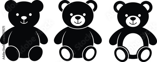 Teddy bear illustration trio, cute character comparison, cartoon animal design, children’s art, playful poses, soft toy concept, vector style