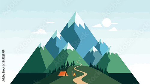 Vibrant flat illustration of a mountain range with a winding path leading to a tent at its base under a clear sky