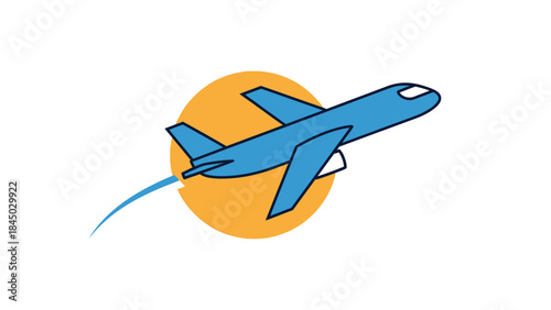 A vibrant blue airplane soars into the sky, leaving a trail of smoke against a bright orange sun, symbolizing travel and adventure