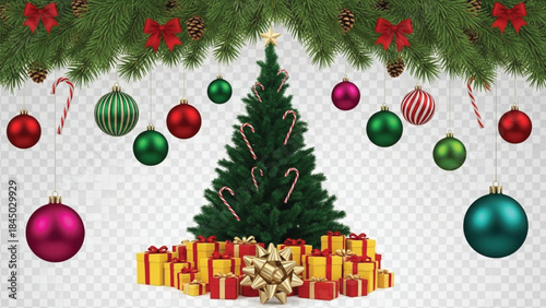 Festive christmas tree with ornaments, gifts, and greenery border.