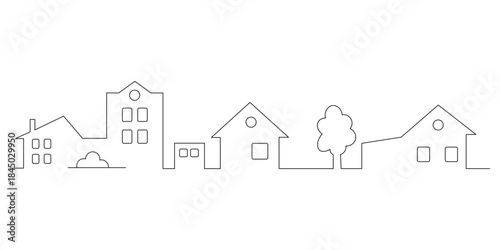 Continuous line drawing of a charming minimalist city skyline featuring various houses and buildings with a tree and shrub creating a modern abstract neighborhood street illustration
