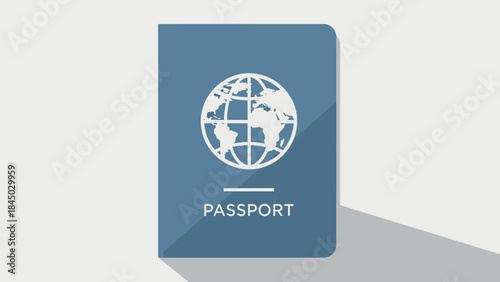 Modern flat design vector illustration of a blue passport icon featuring a globe symbol, representing international travel, identity, and global mobility for web and app interfaces