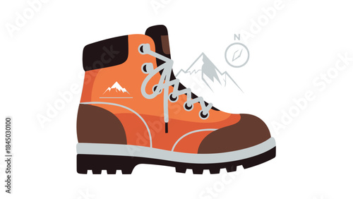 Vibrant orange and brown hiking boot illustration, perfect for outdoor adventure and mountain exploration, featuring a subtle peak graphic and compass icon symbolizing navigation