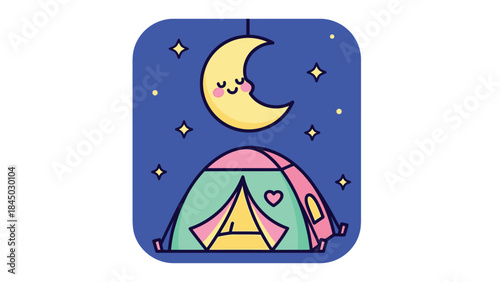 Sweet vector illustration of a vibrant camping tent beneath a starry night sky, featuring a cute, smiling crescent moon, ideal for evoking peaceful outdoor adventures and dreams