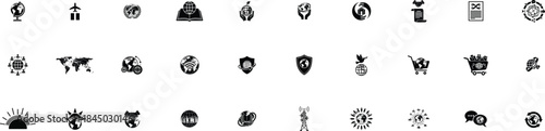 Collection of black silhouette of various global icon on white background