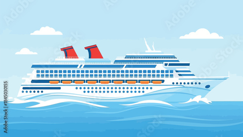 A beautiful and majestic cruise ship sails across a bright blue sea under a clear sky with fluffy white clouds, conveying a sense of adventure and relaxation