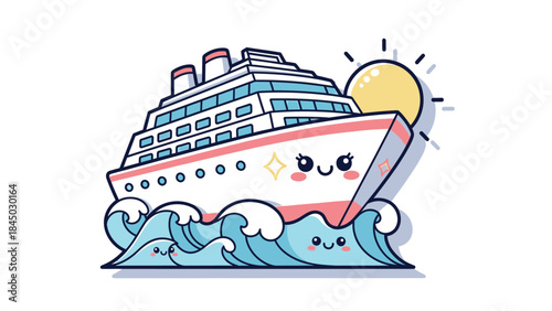 Adorable cartoon cruise ship with happy sun and smiling waves, perfect for summer travel and vacation designs, a charming illustration of sea adventure and leisure