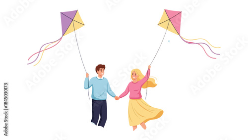Flying High Together: Two individuals share a joyous moment, holding hands and guiding vibrant kites as they dance playfully in the open sky, a symbol of freedom, imagination and simple pleasures.