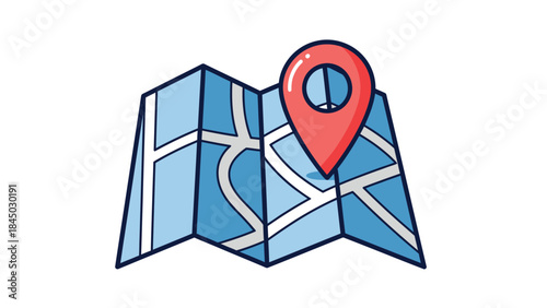 Vector illustration of a modern folded blue map with a prominent red location pin, perfect for indicating a destination, navigation, travel routes, or point of interest in digital applications