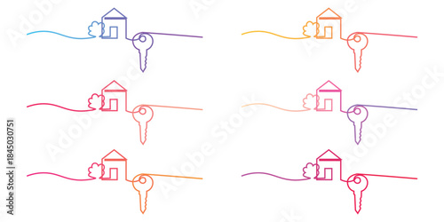 Modern continuous line art illustration featuring multiple minimalist houses connected to keys representing home ownership and real estate investment concepts