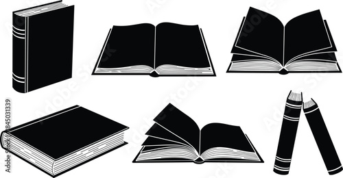 Book silhouette icons, black and white book set, open and closed book graphics, minimalist reading symbols, library clipart pack
